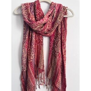 Pashmina Scarf Red Pink Paisley with Fringe Trim Lightweight Wrap